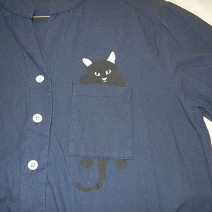 POCKET KITTEN Cotton Long Sleeve Button Down V-Neck Shirt ~ Navy Blue